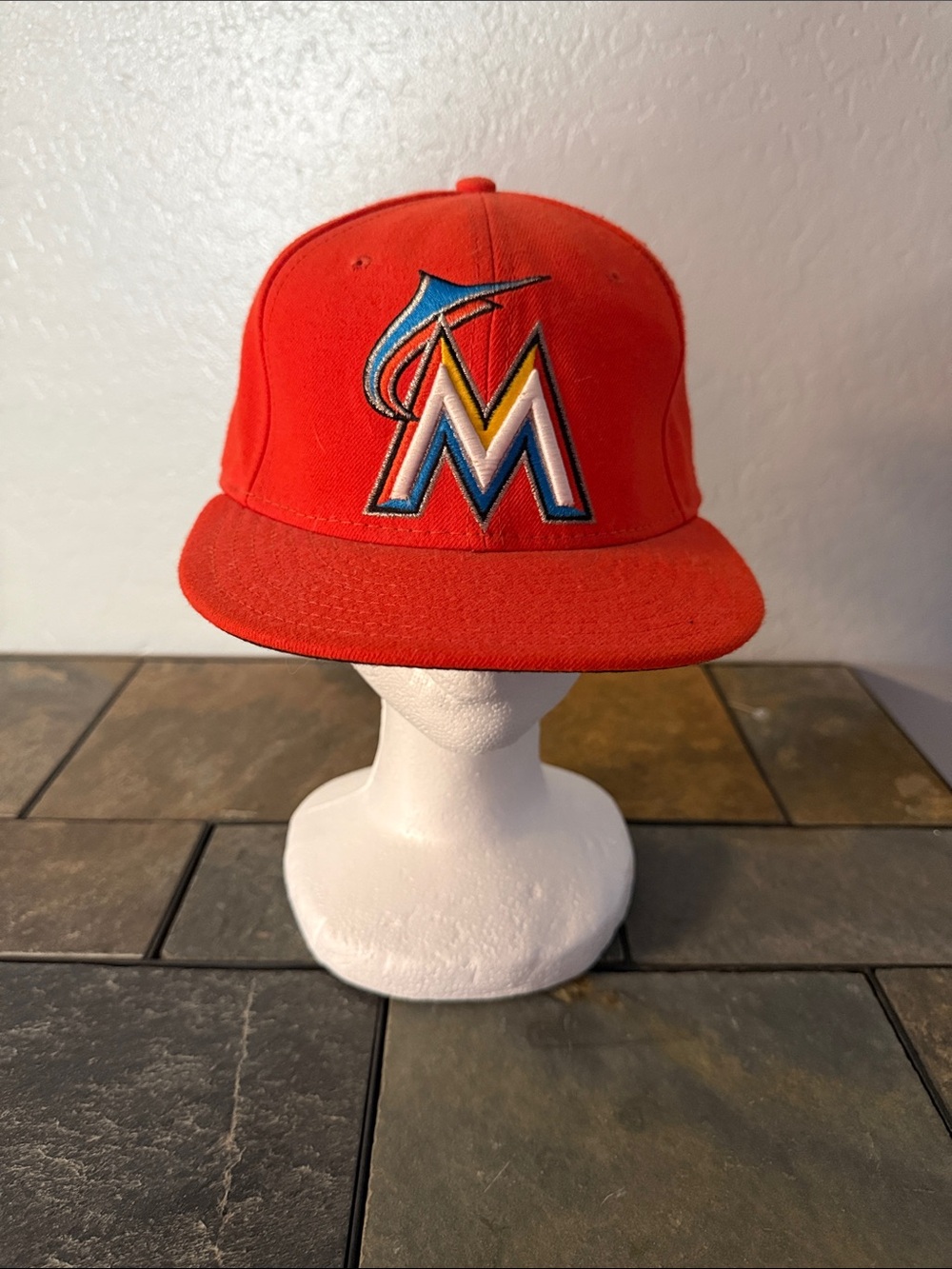 New Era Miami Marlins Red Flat Brim Hat with Multicolor Logo